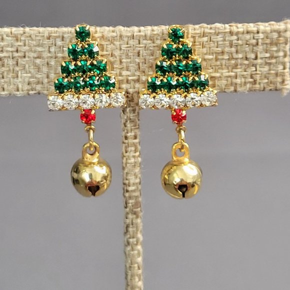 Unbranded Jewelry - Womens Clip On Earrings Crystal Christmas Trees Gold Tone Accents Green Red 1 in